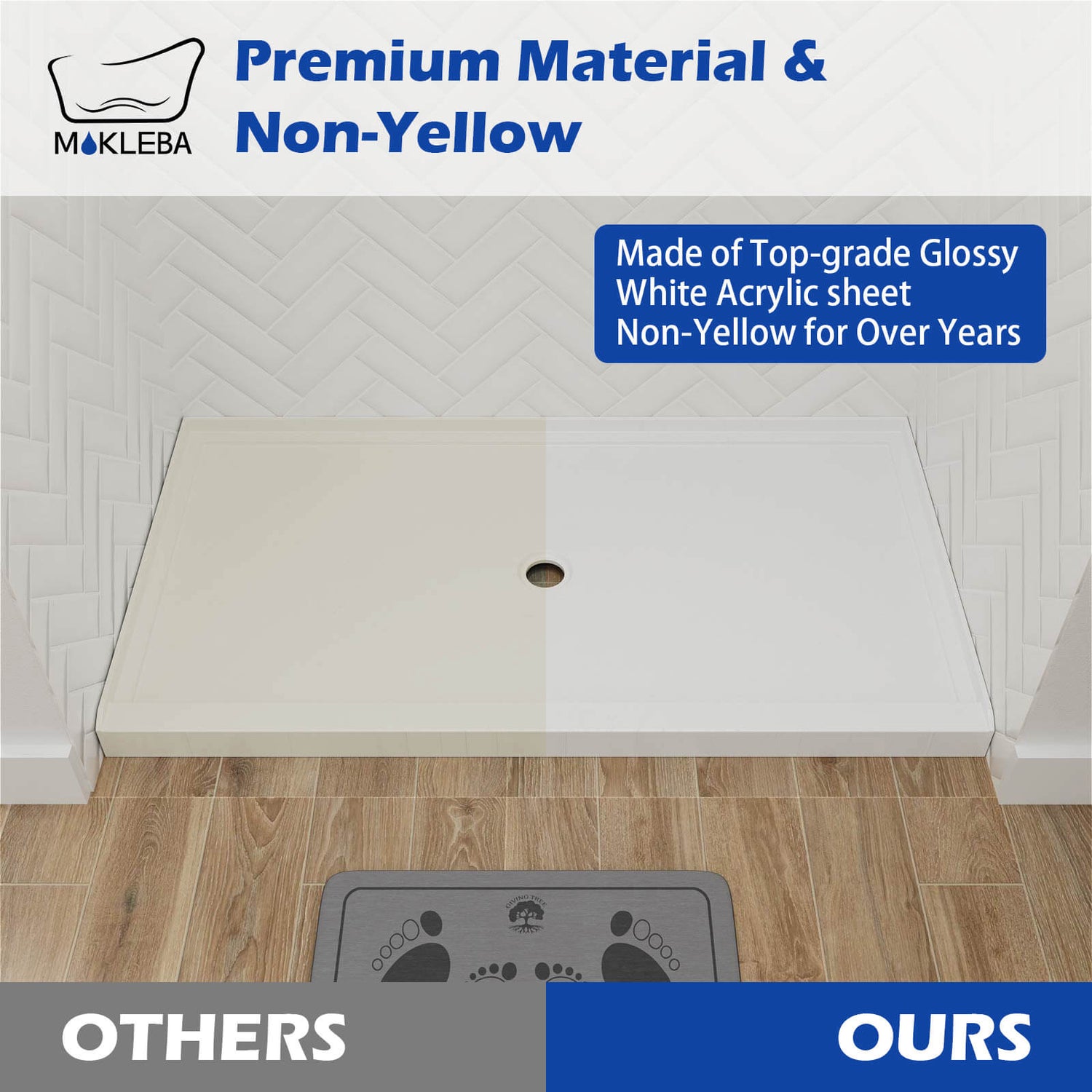 Glossy white shower base with durable non yellowing finish