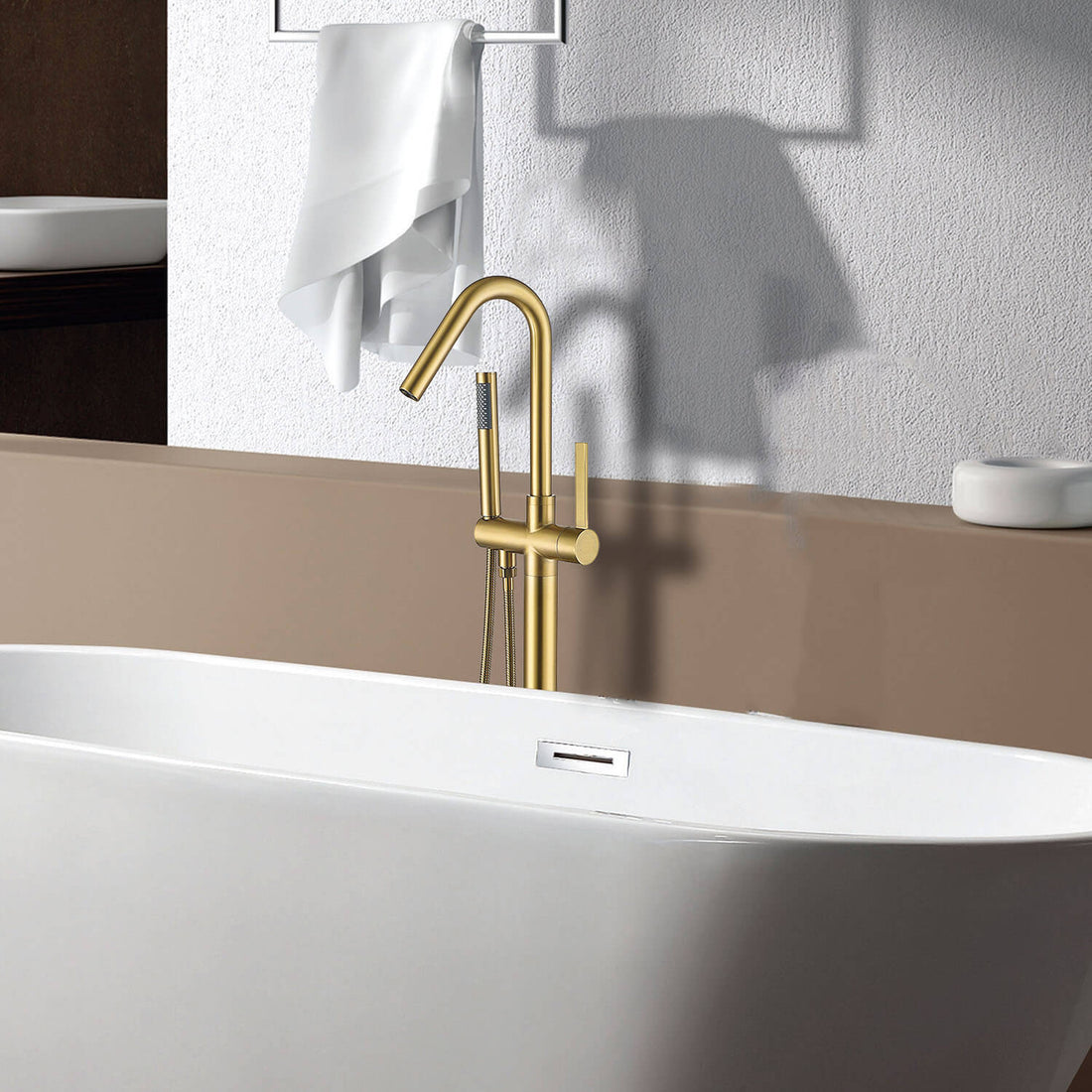 Gold Hand Shower Streamline Freestanding Tub Filler Faucet