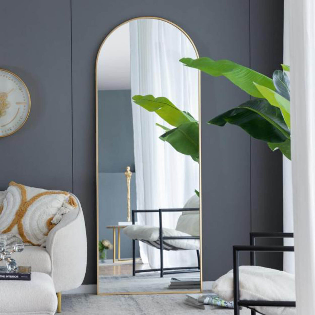 Gold arched full length mirror for living room decor