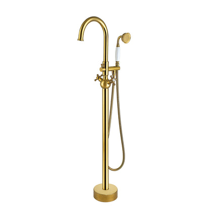 Gold freestanding bathtub faucet with round shower head and double handles