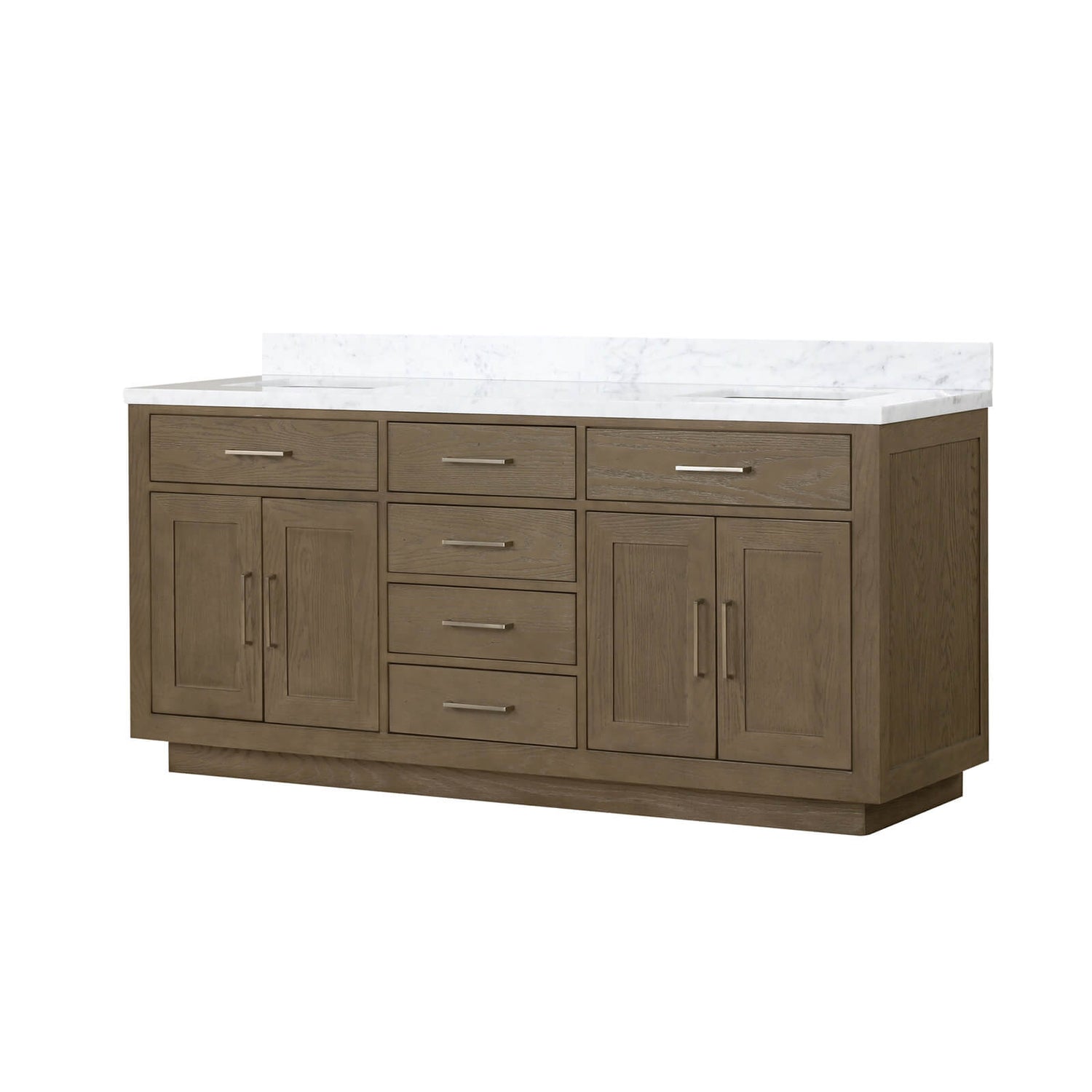Gray vanity styled in a modern minimalist bathroom
