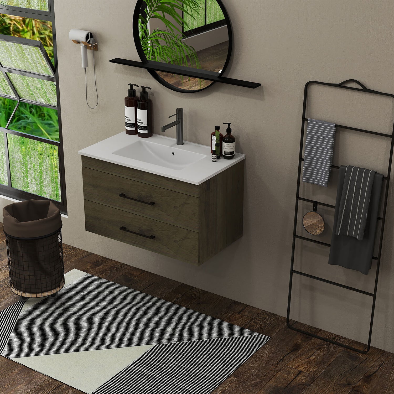 Gray wood grain wall mounted vanity with vessel sink