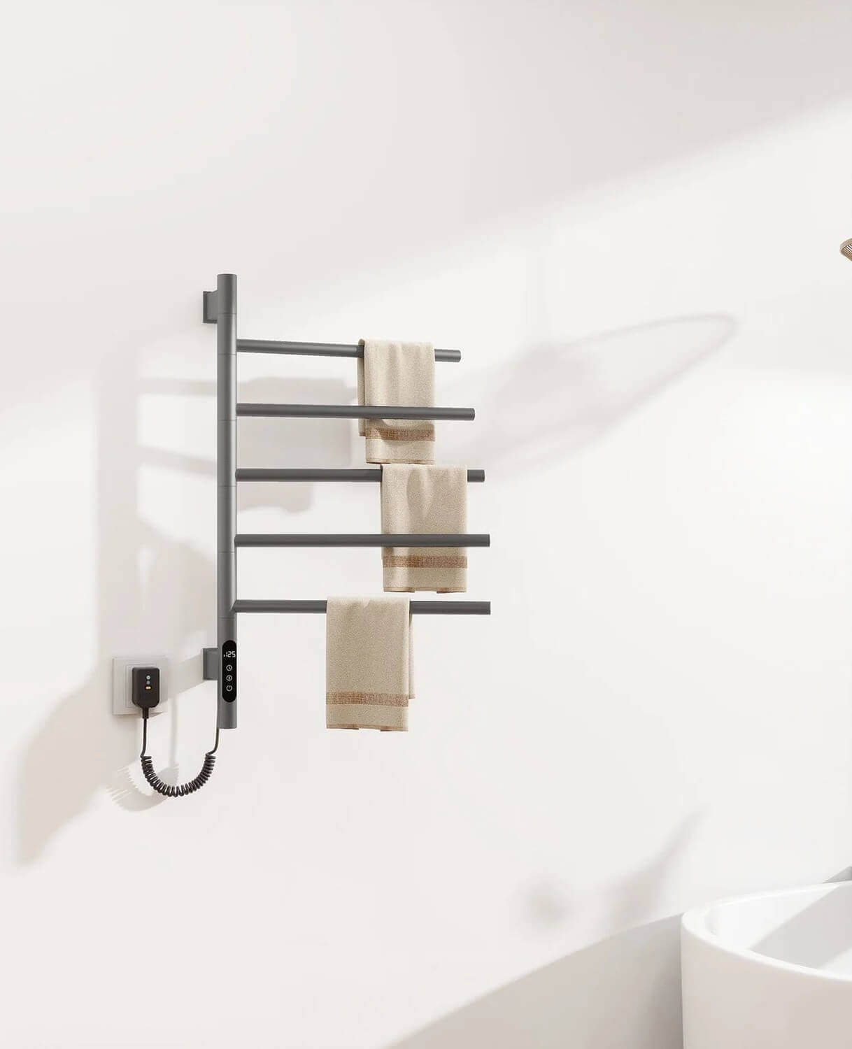 Gray bathroom heated towel rail with built-in timer