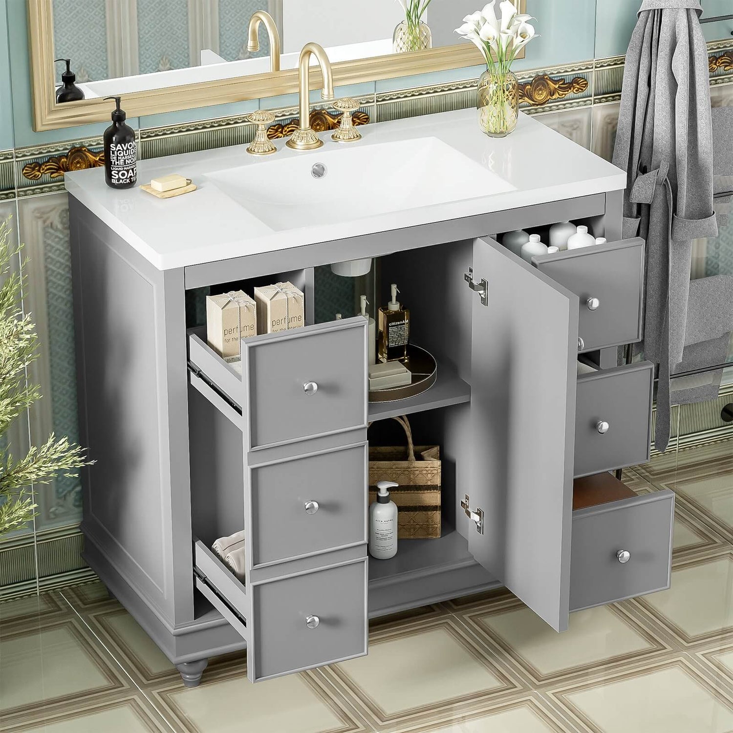 Gray bathroom vanity with adjustable shelves for customized storage