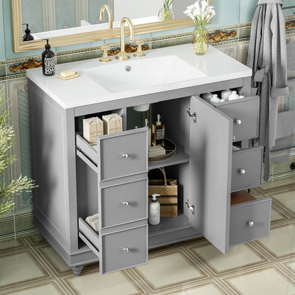 Gray bathroom vanity with adjustable shelves for customized storage