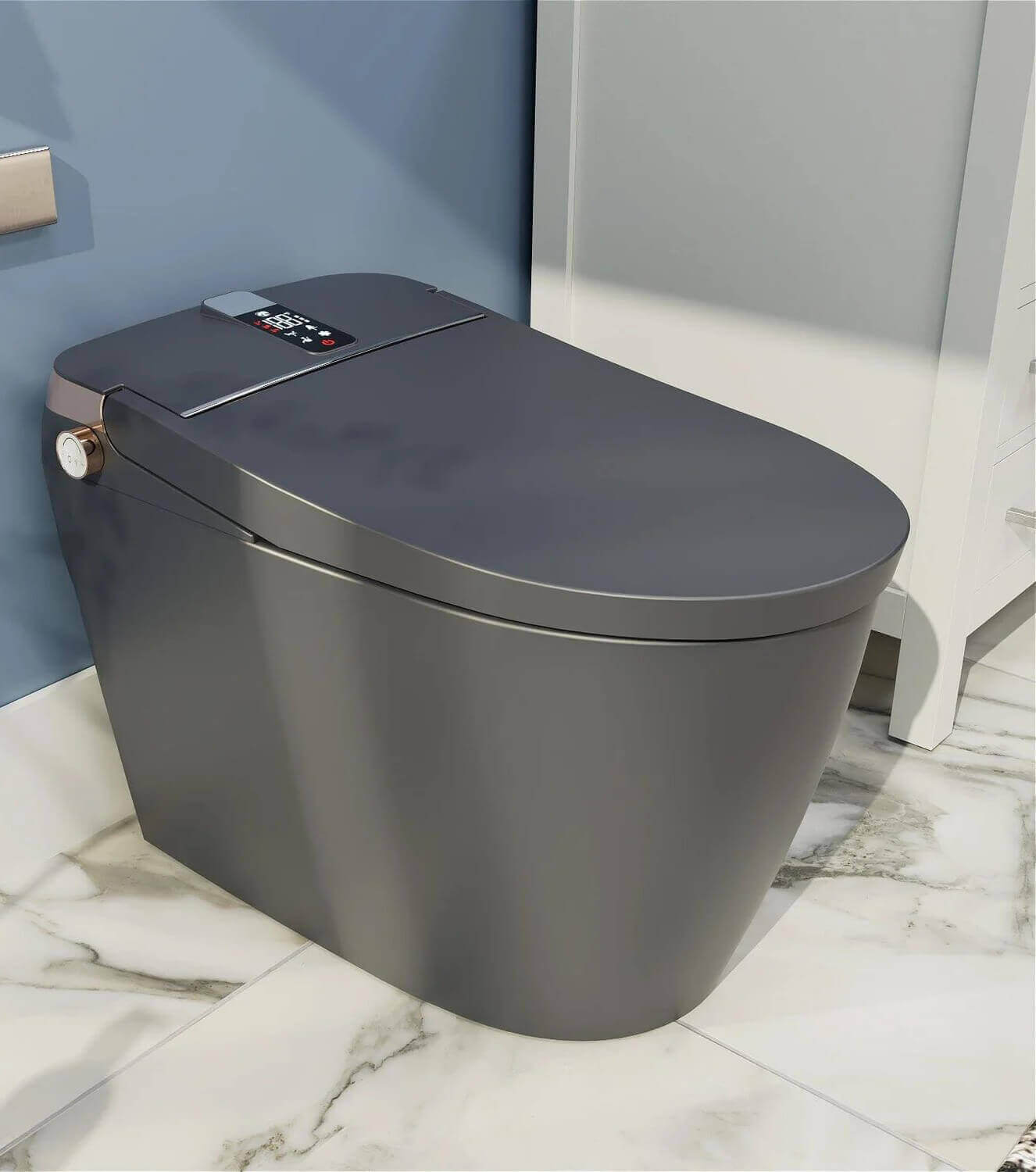 Gray one-piece extended smart toilet