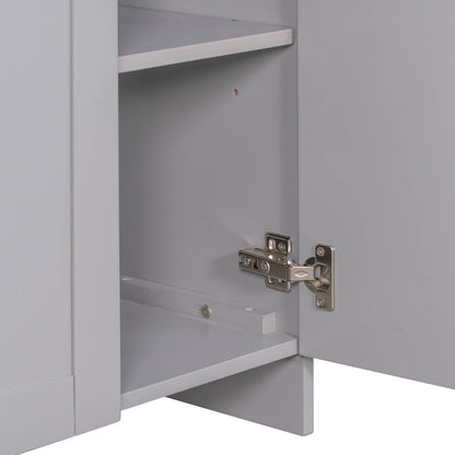 Gray vanity with silver handles and soft-close mechanism