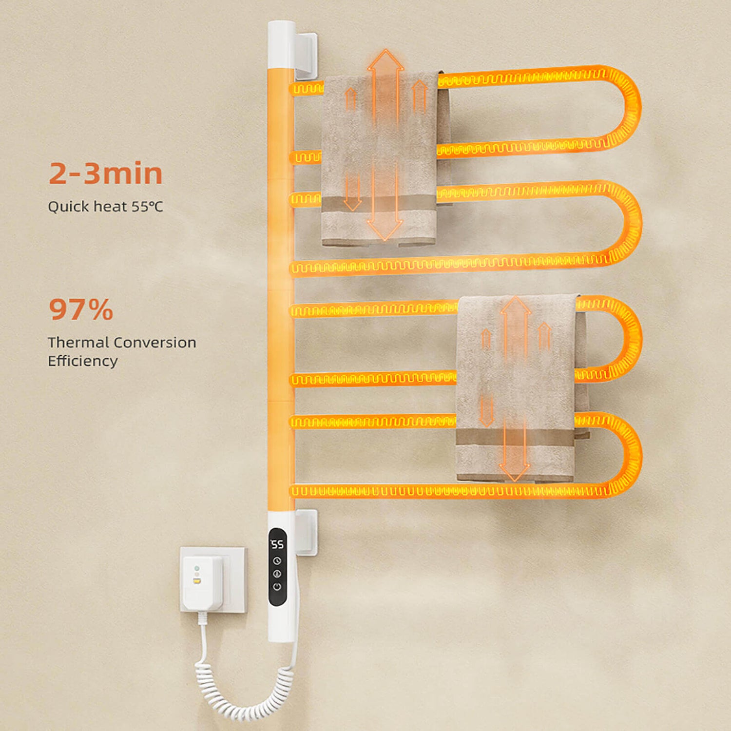 Gray wall-mounted towel warmer with adjustable heating settings