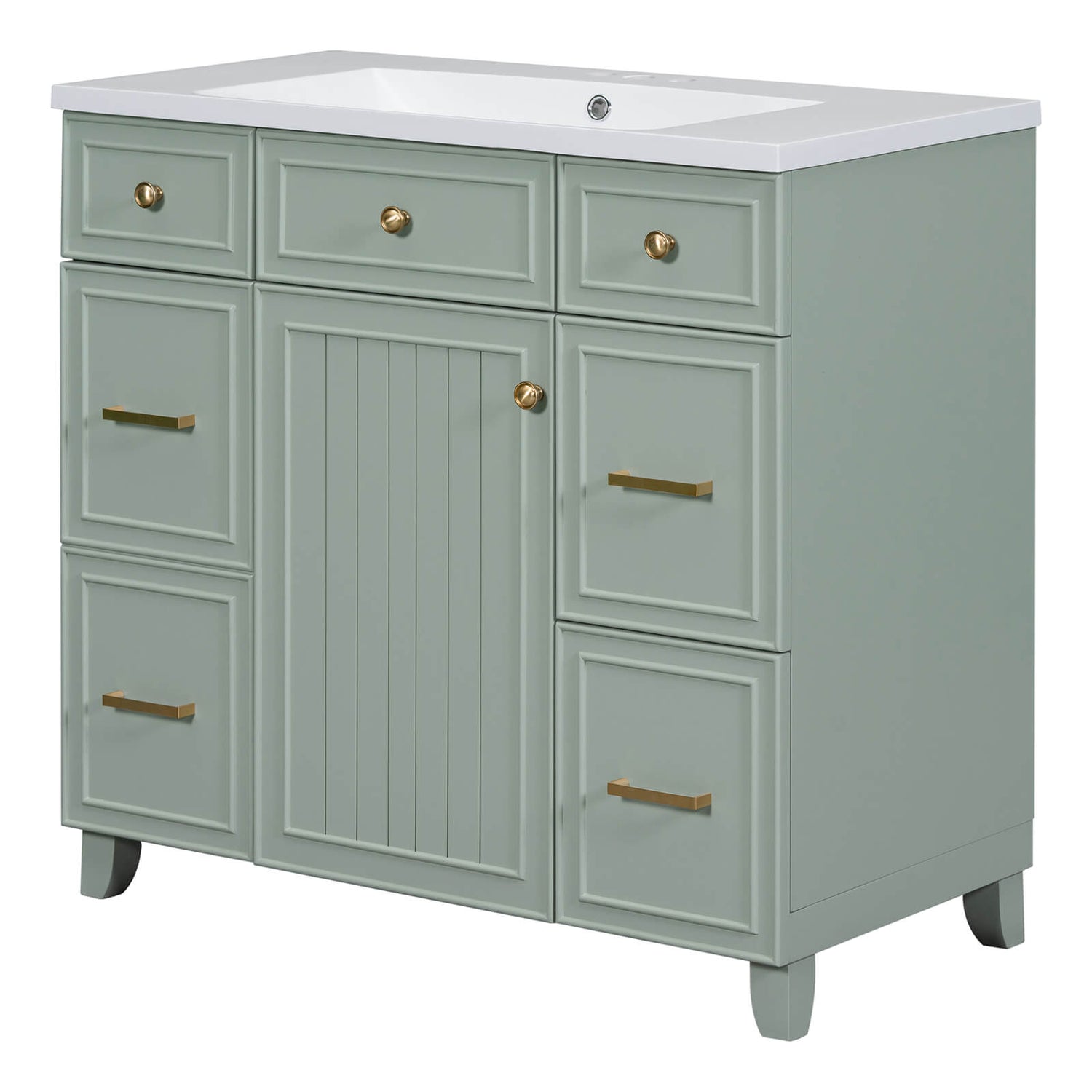 Green bathroom vanity with soft close drawers and ceramic sink