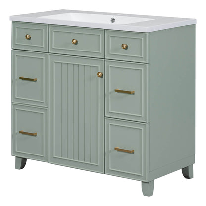 Green bathroom vanity with soft close drawers and ceramic sink