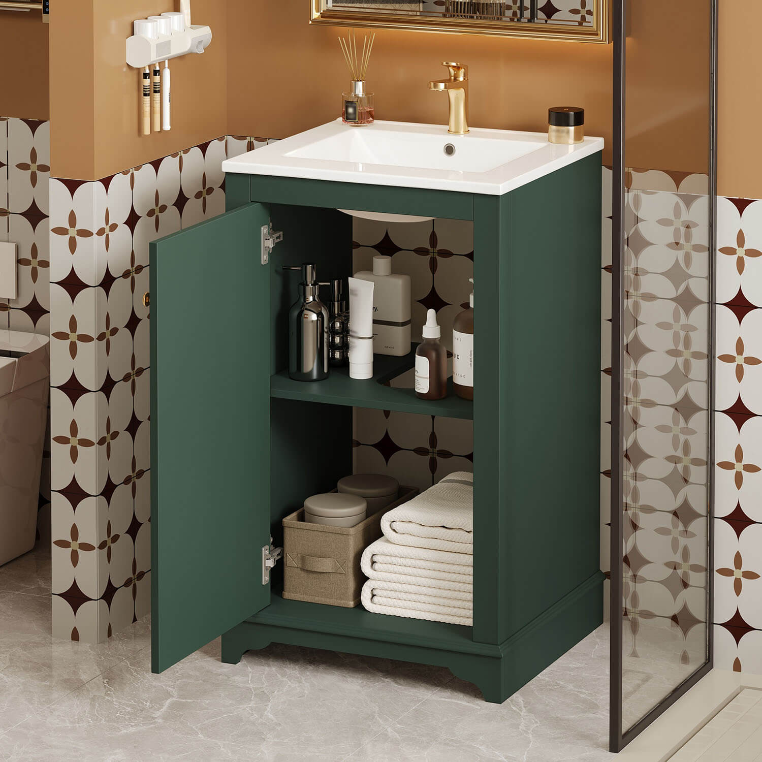 Green Freestanding Bathroom Vanity with soft close door