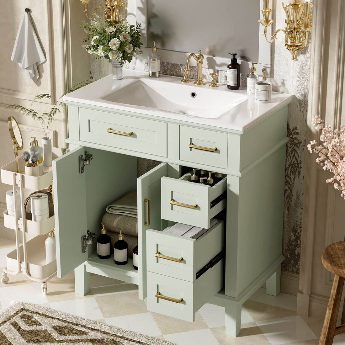 Green Solid Wood Bathroom Storage Vanity with 2 drawers and 2 doors