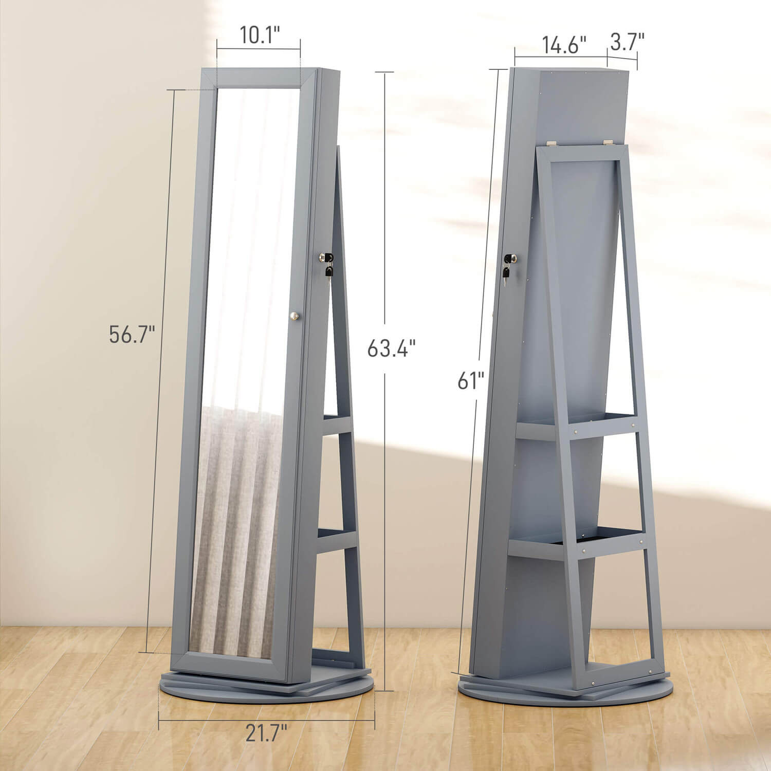 Grey mirror cabinet dimension view with height and width details