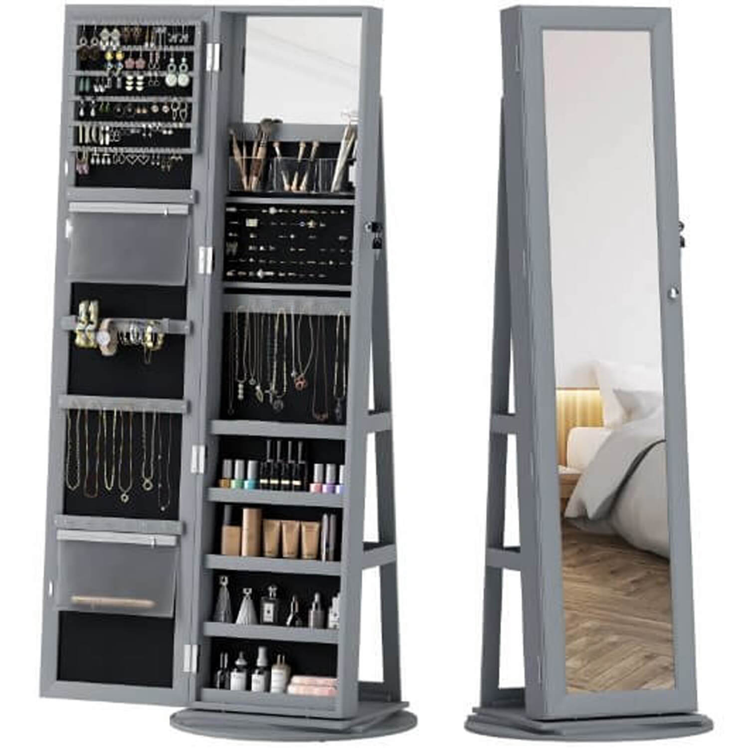 Grey rotating jewelry cabinet mirror with open storage for accessories