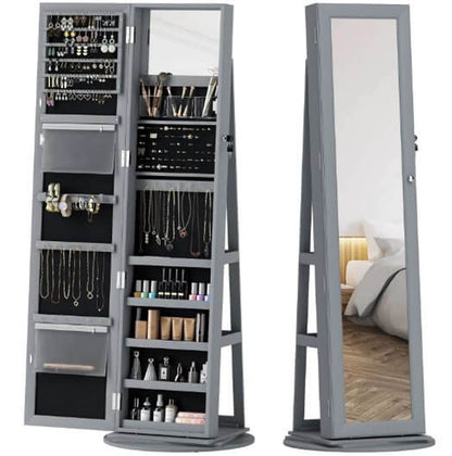 Grey rotating jewelry cabinet mirror with open storage for accessories