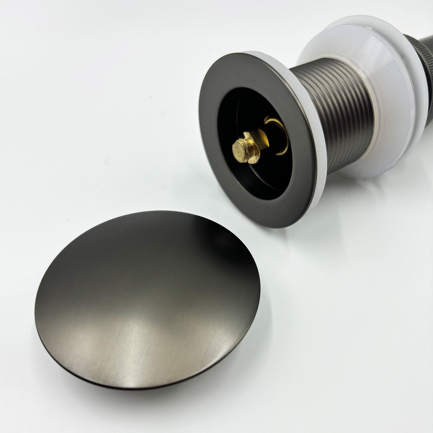 Gunmetal Bathroom Sink Pop Up Drain Cap and brass fittings