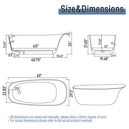 63&quot; Solid Surface Ergonomic Freestanding Slipper Bathtub