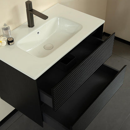 HDT soft close drawer hardware on black vanity