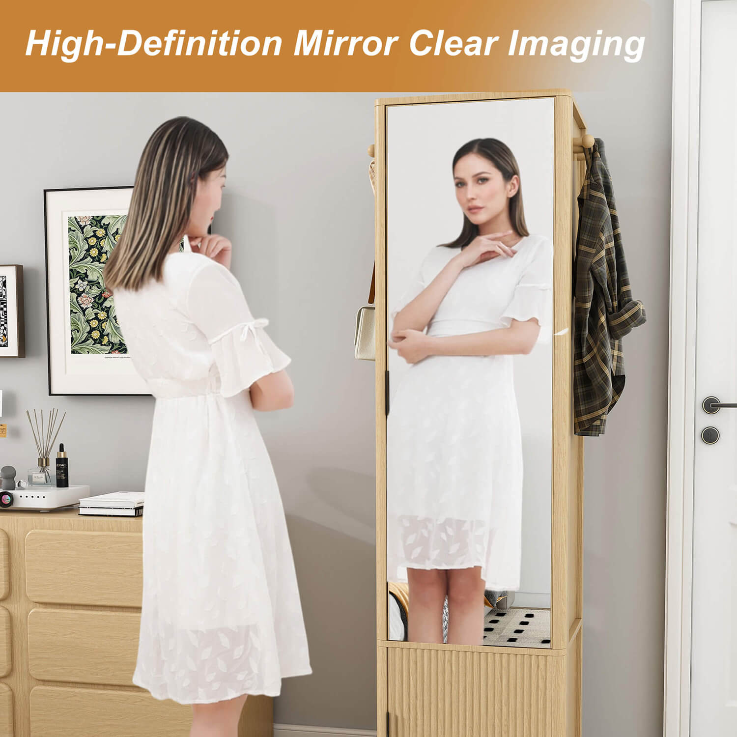 HD wooden rotating mirror cabinet for bedroom outfit fitting