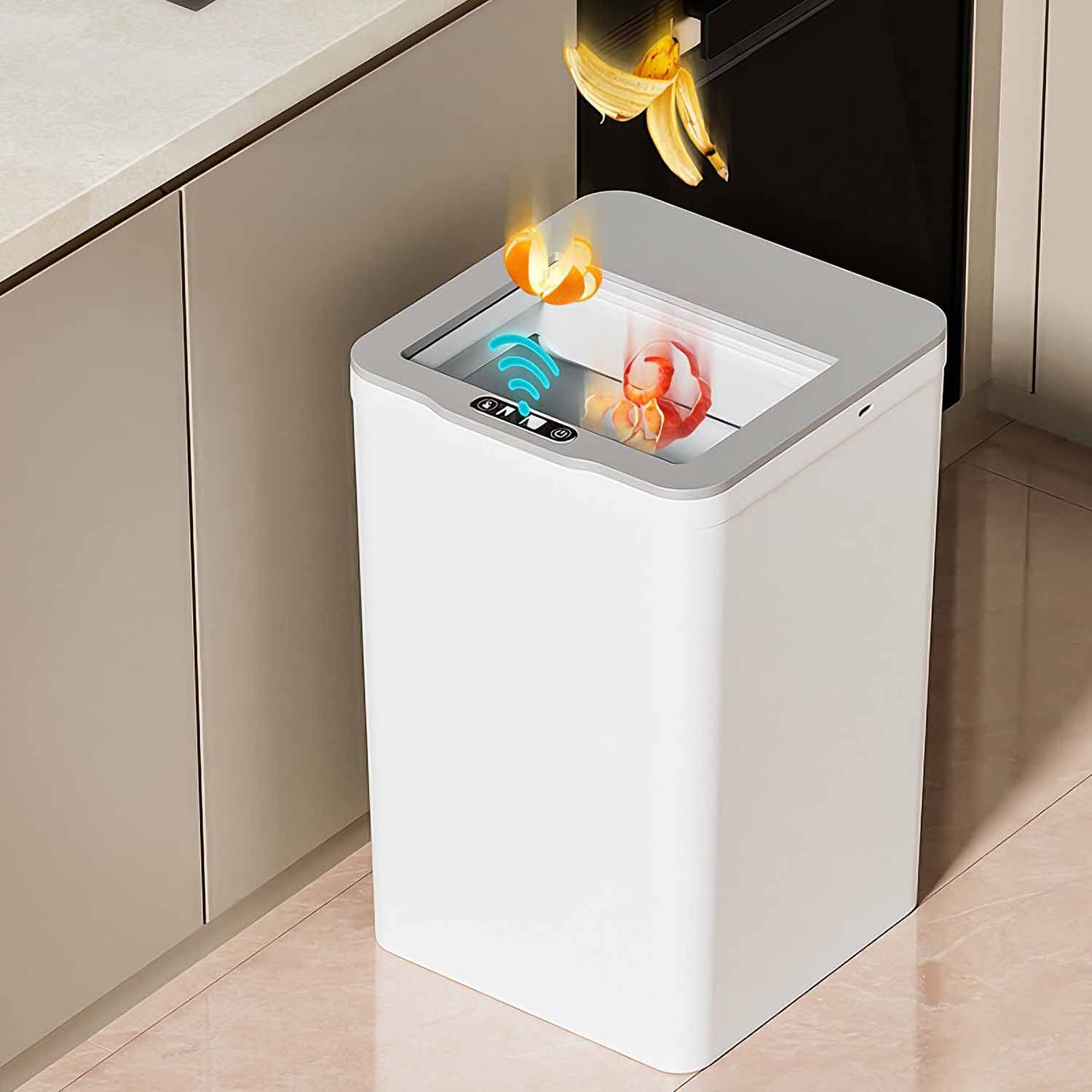Hands-free bathroom garbage bin