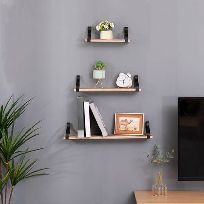 Wall-Mounted Oak Floating Shelves with Brackets for Bathroom (Set of 3)