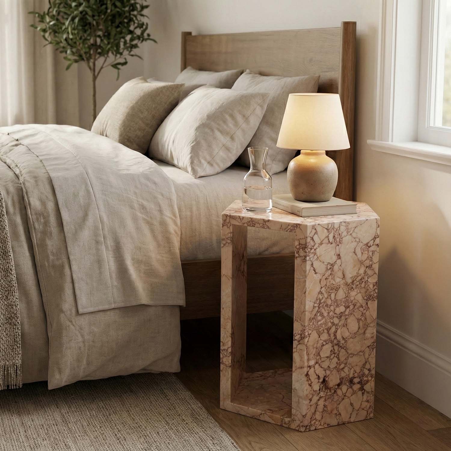 Luxury Real Marble Pink Side Table Hexagon Shape End Table for Living Room, Bedroom &amp; Small Spaces