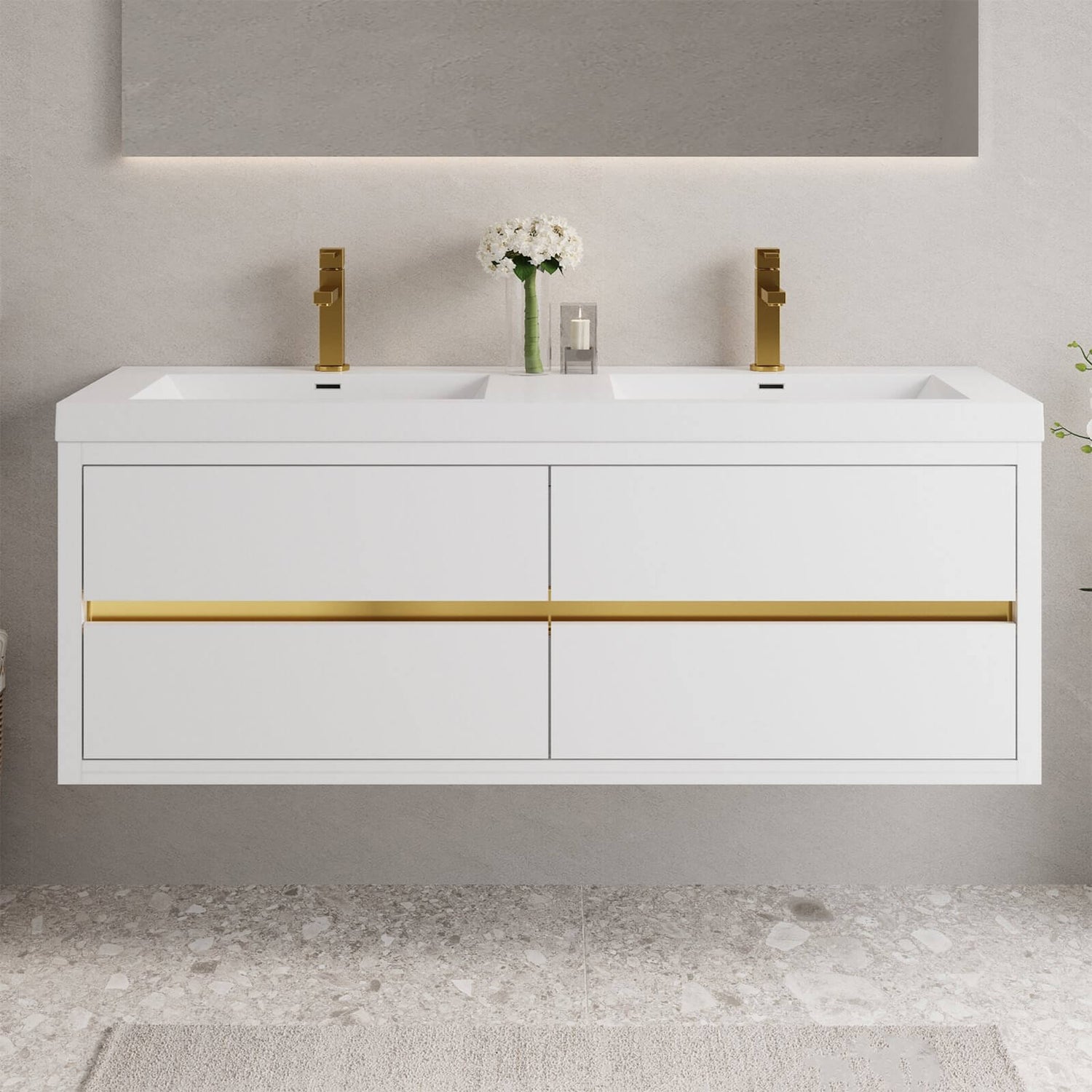 Hidden gold handle 60 in floating vanity with moisture resistant wood construction