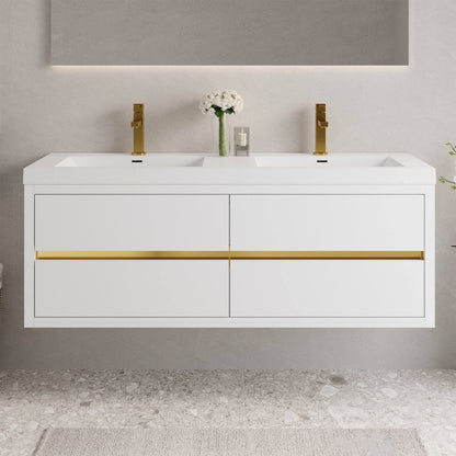 Hidden gold handle 60 in floating vanity with moisture resistant wood construction