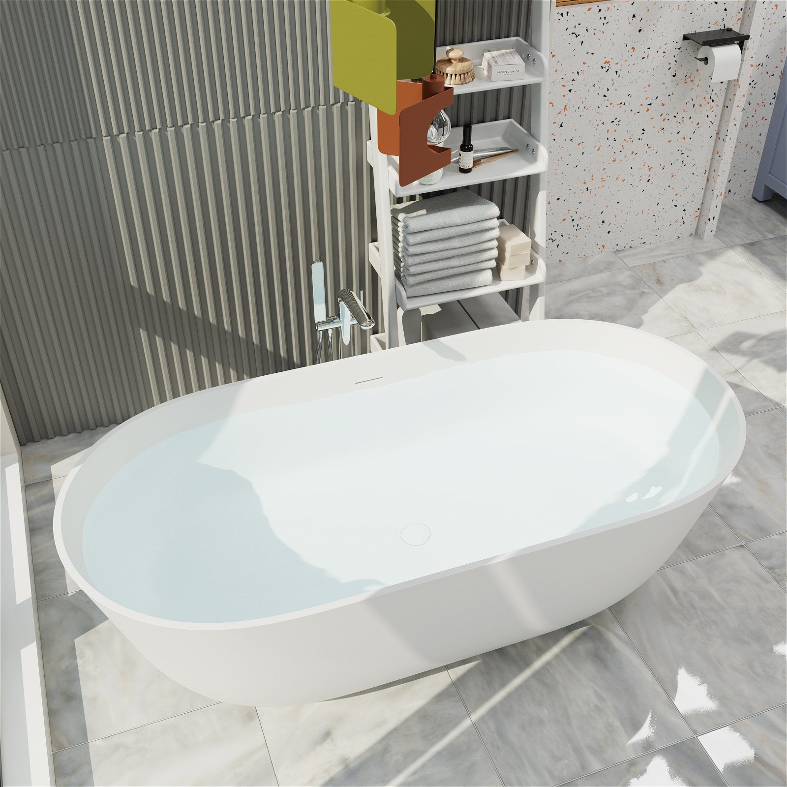 High end freestanding bathtub with curved edges and durable solid surface