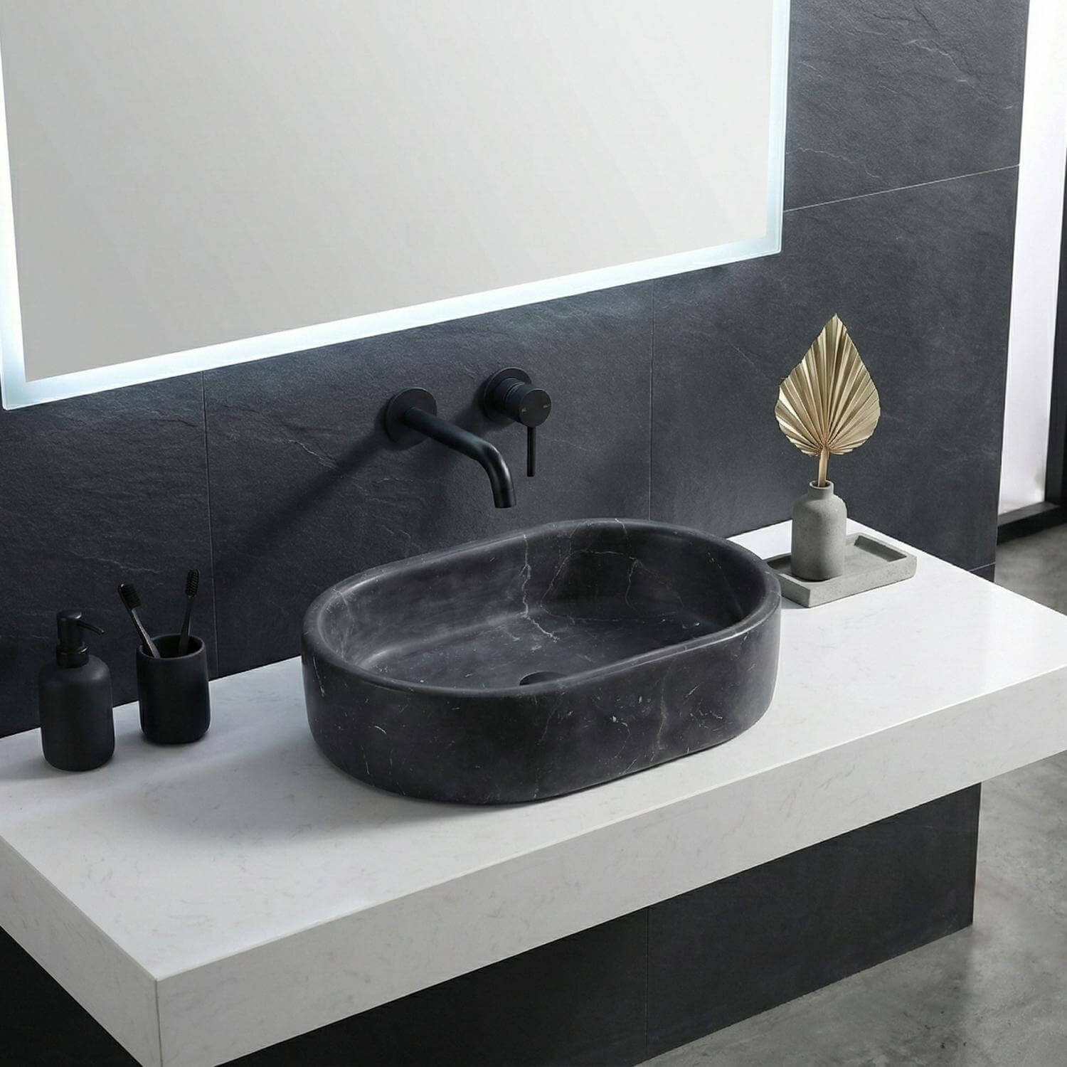 24" Matte Black Marble Oval Bathroom Vessel Sink for Vanity Countertop