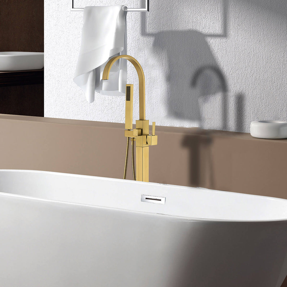 High Arc Waterfall Freestanding Tub Filler Floor Mount Bathtub Faucet with Handheld Shower