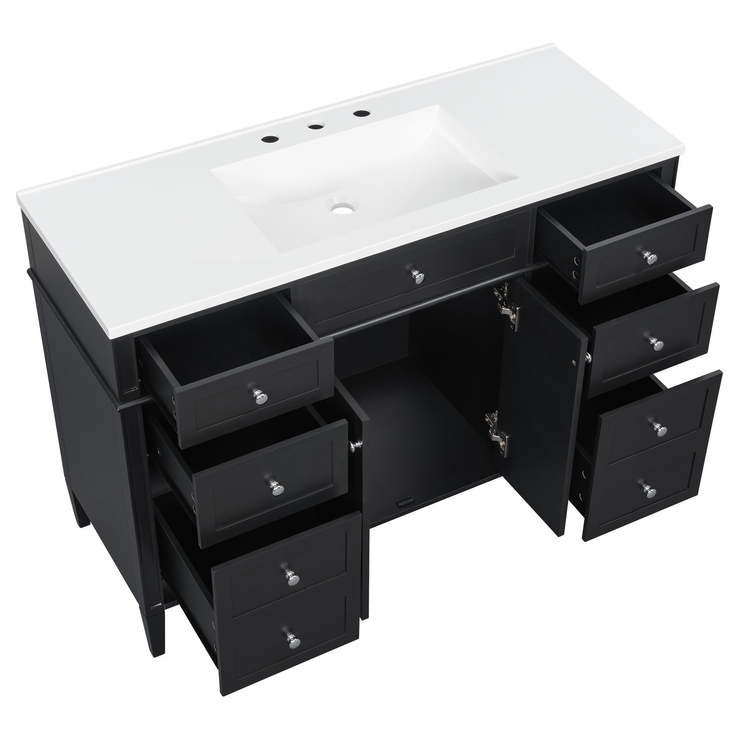 High Angle 48 inch Black Freestanding Bathroom Storage Cabinet Overview Scene