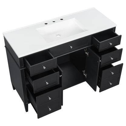 High Angle 48 inch Black Freestanding Bathroom Storage Cabinet Overview Scene