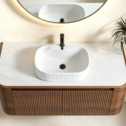High Angle 48 inch Floating Walnut Vanity Ceramic Basin Top View Detail