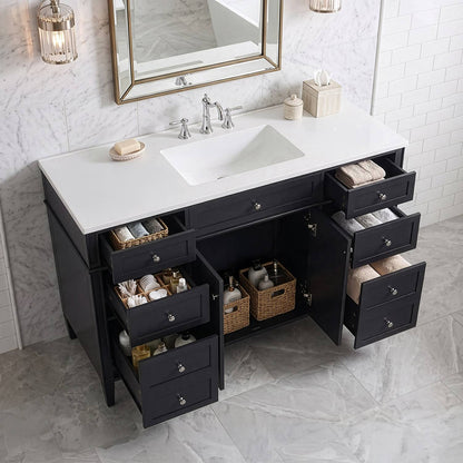 High Angle Fully Loaded 48 inch Black Storage Vanity Organized Interior Scene
