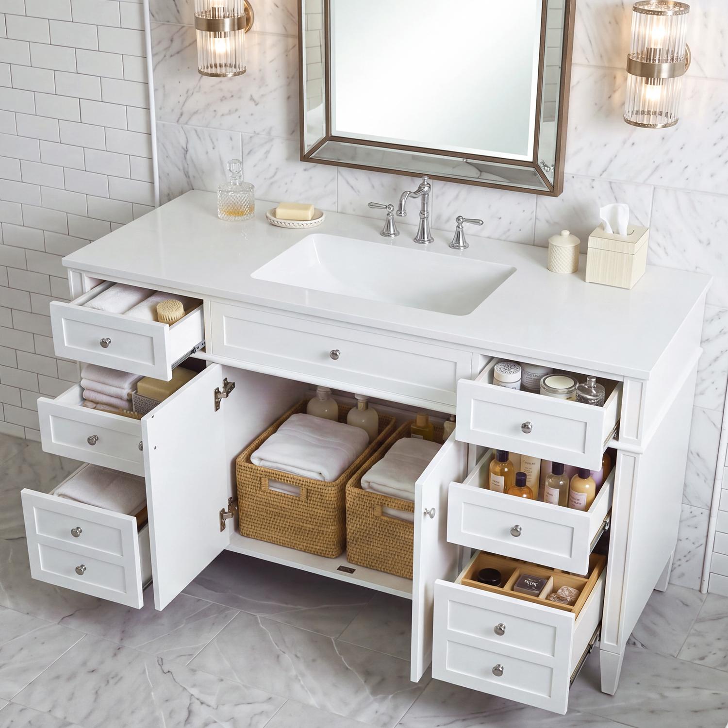 High Angle Fully Loaded 48 inch White Storage Vanity Organized Interior Scene