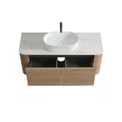 High Angle Open Drawer 48 inch Floating Oak Bathroom Vanity Storage