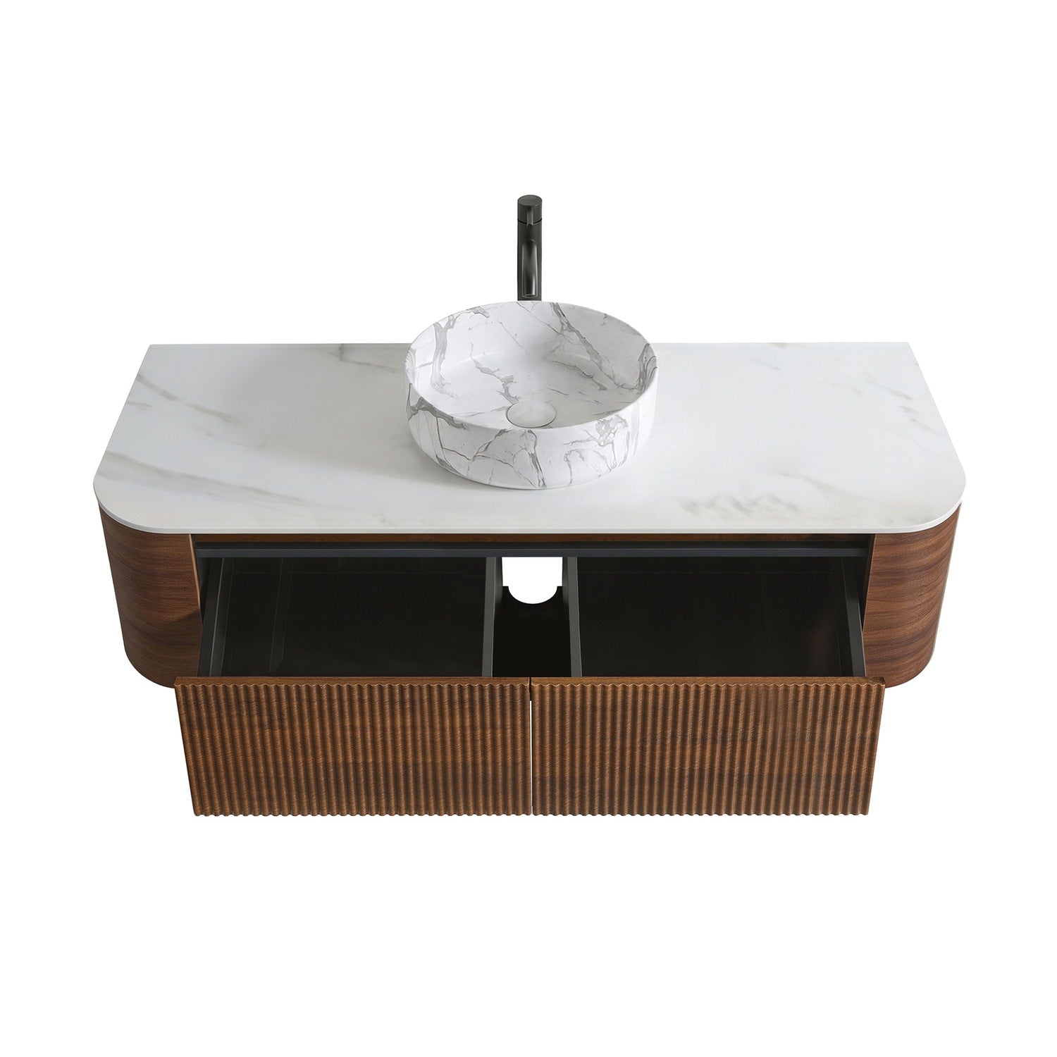 High Angle Open Drawer 48 inch Floating Walnut Vanity Storage