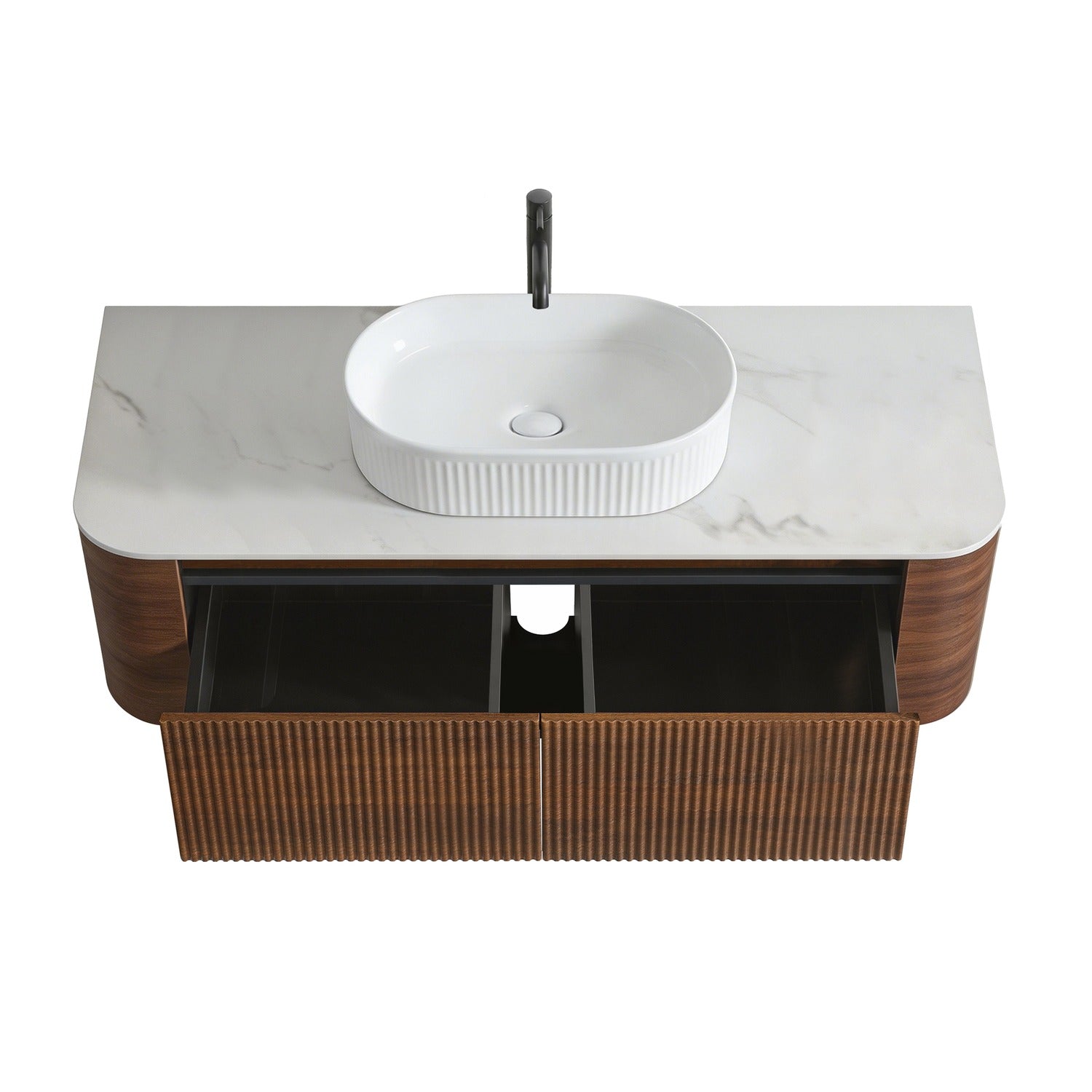 High Angle Open Drawer 48 inch Walnut Floating Bathroom Cabinet