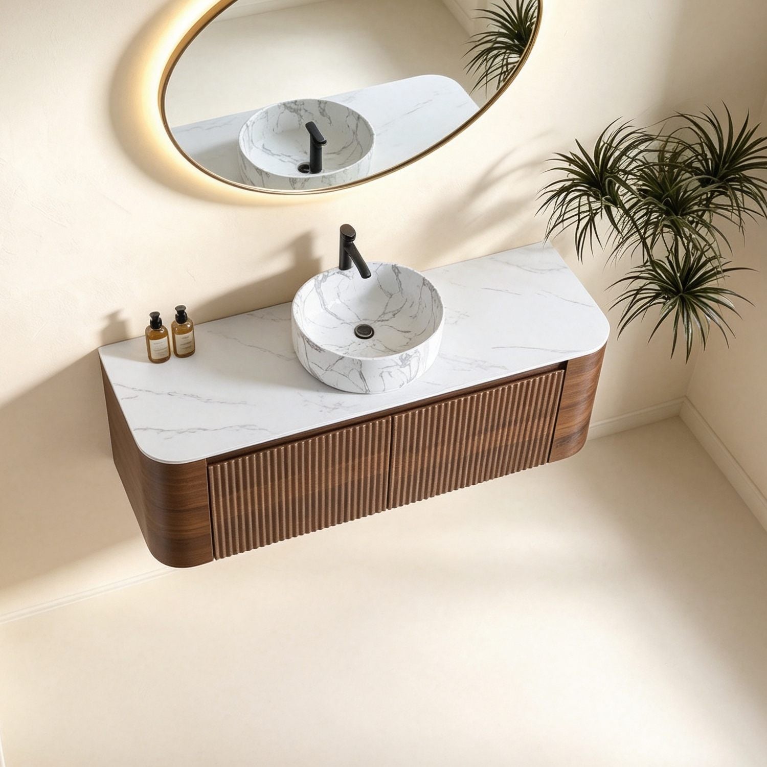 High Angle Overhead View 48 inch Modern Walnut Floating Bathroom Cabinet Marble Top