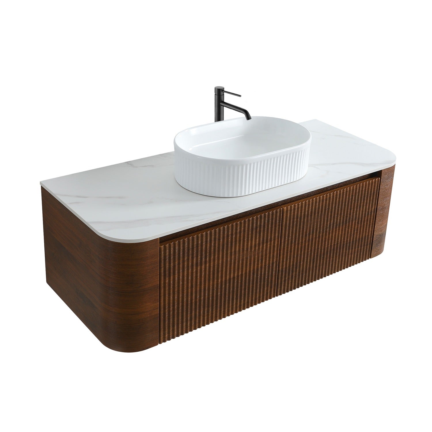 High Angle Perspective 48 inch Walnut Fluted Vanity Ceramic Basin