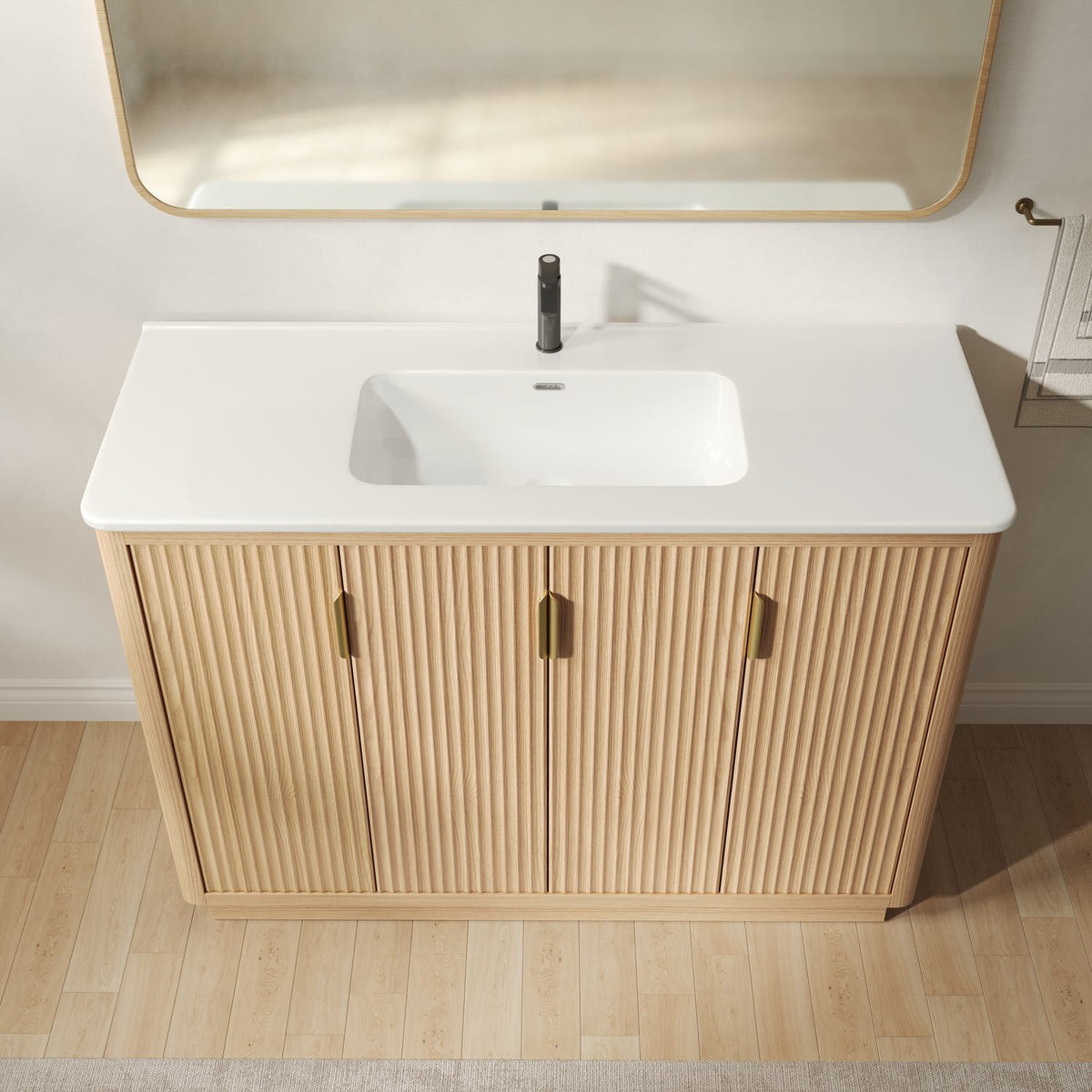 High Angle Top View 48 inch Light Wood Bathroom Vanity Ceramic Sink Top
