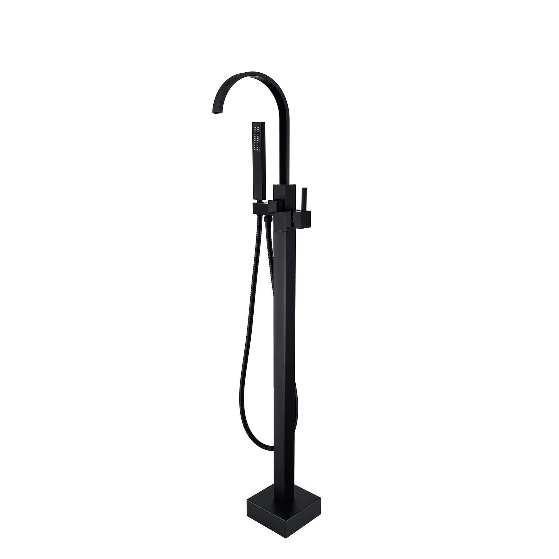 High Arc Waterfall Freestanding Tub Filler Floor Mount Bathtub Faucet with Handheld Shower