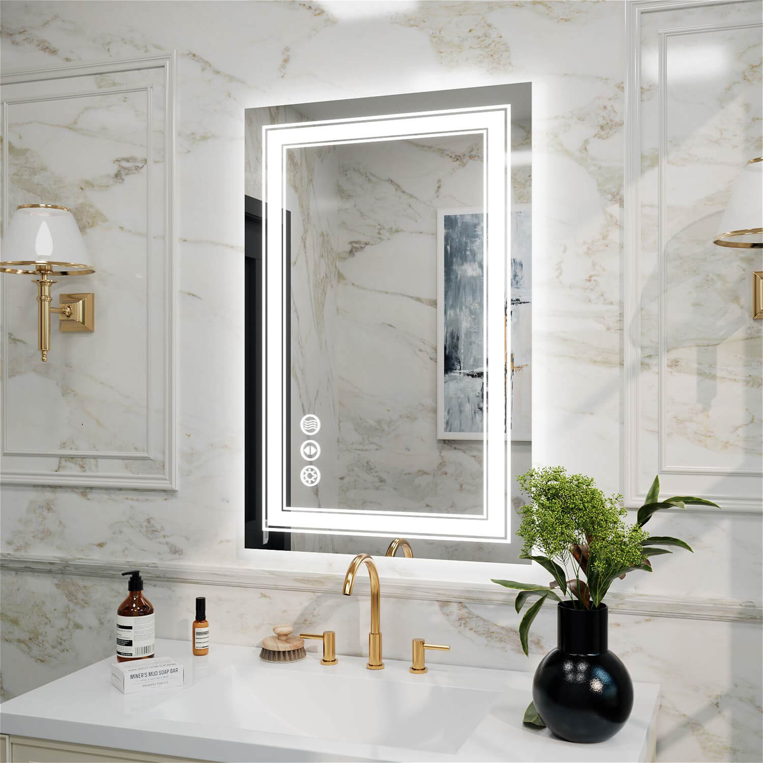 High definition frameless LED bathroom mirror with dual light borders and anti fog capability