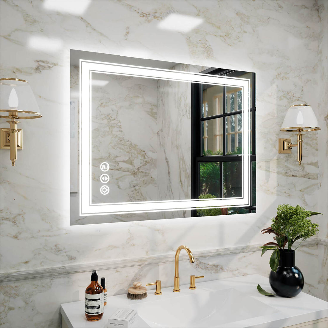 Horizontal frameless LED bathroom mirror with dual LED strips and anti-fog coating