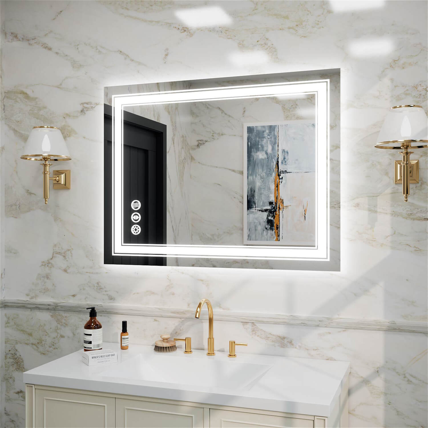 Horizontal frameless LED bathroom mirror with dual LED strips and color temperature adjustment