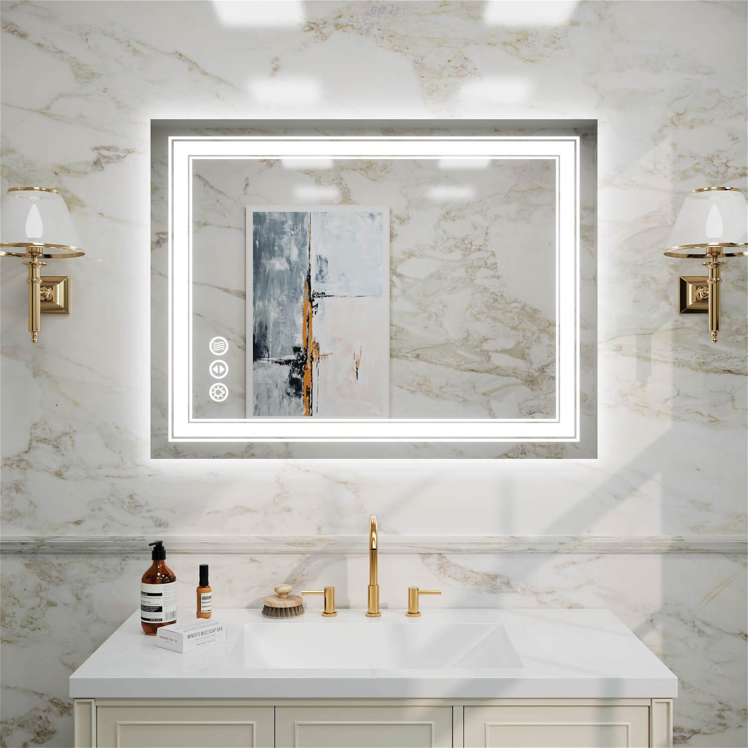 Horizontal frameless LED bathroom mirror with dual LED strips and left-side touch controls