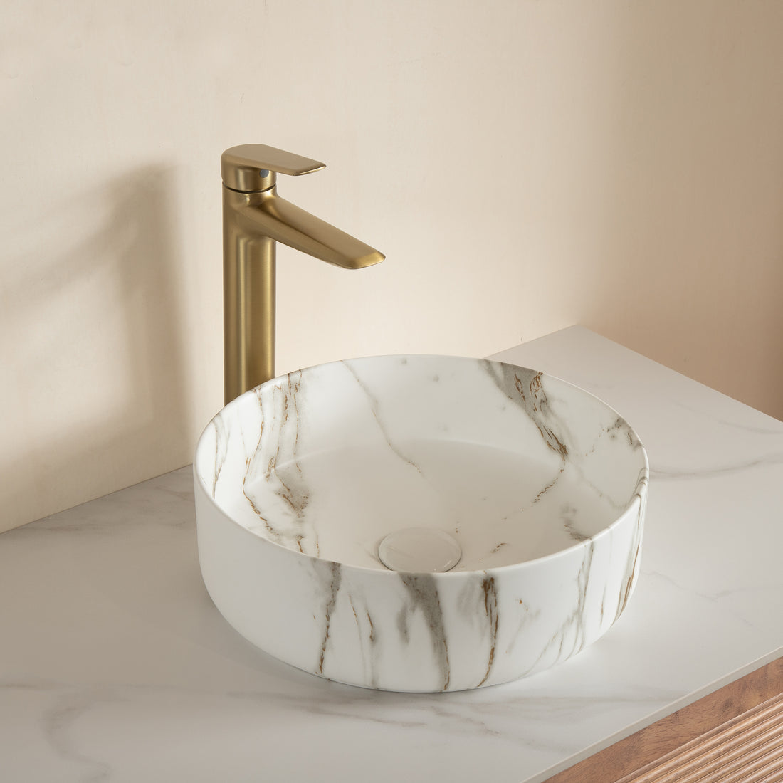 White Ceramic Round Above-Counter Vessel Sink with Stone Pattern round shape interior drain hole