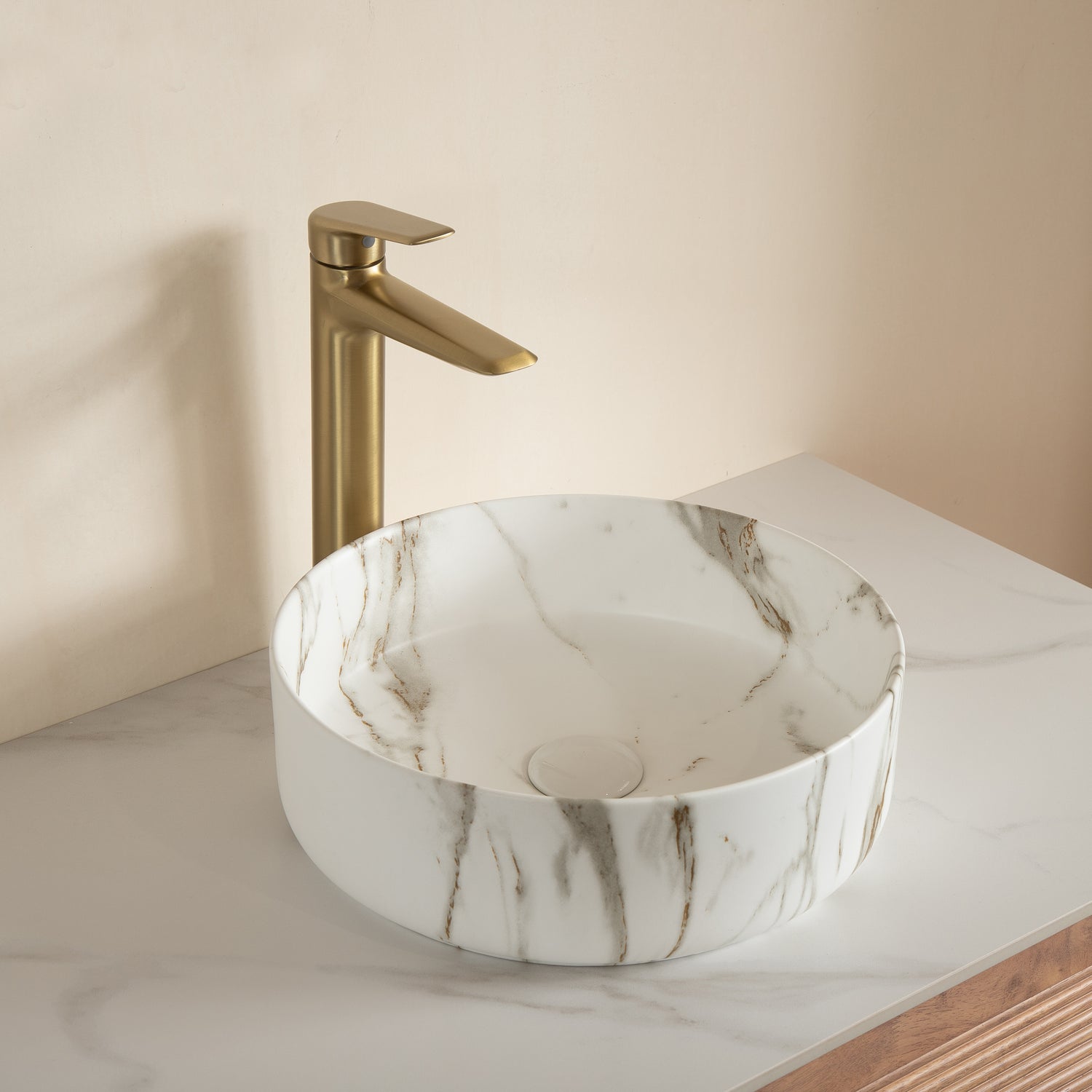 White Ceramic Round Above-Counter Vessel Sink with Stone Pattern round shape interior drain hole