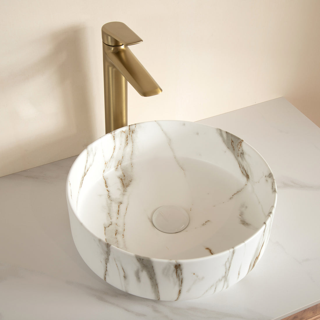 White Ceramic Round Above-Counter Vessel Sink with Stone Pattern detailed stone-patterned interior drain hole
